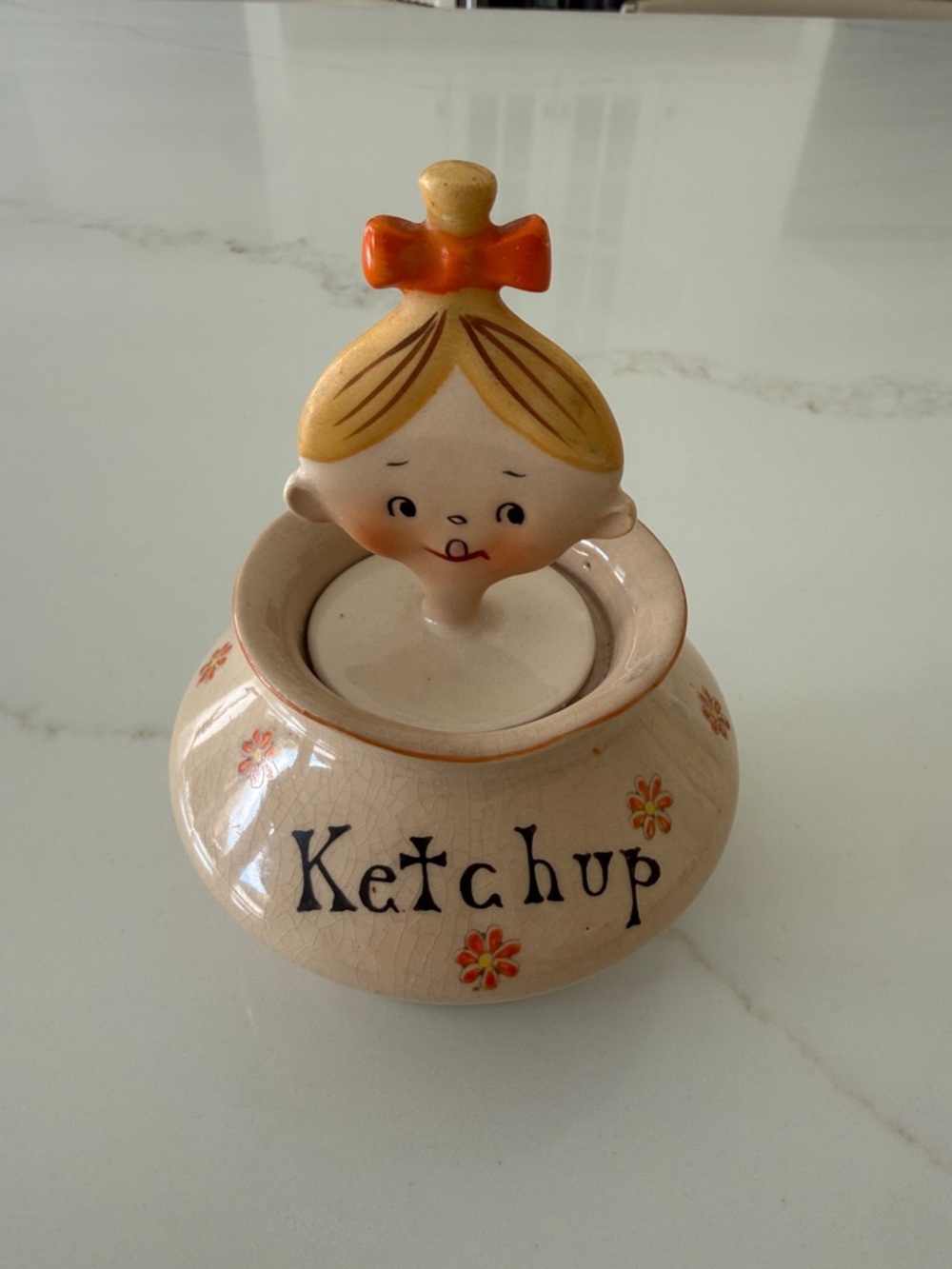 Vintage Ceramic Ketchup Jar with Girl Lid - Cream & Orange